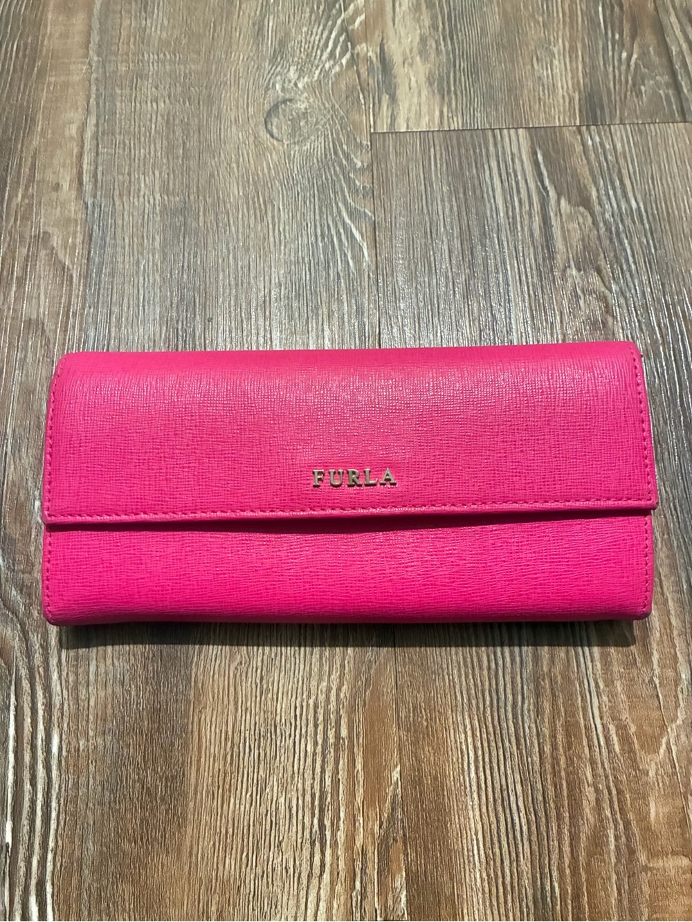 Furla Hot Pink Saffiano Leather Wallet with Gold Logo